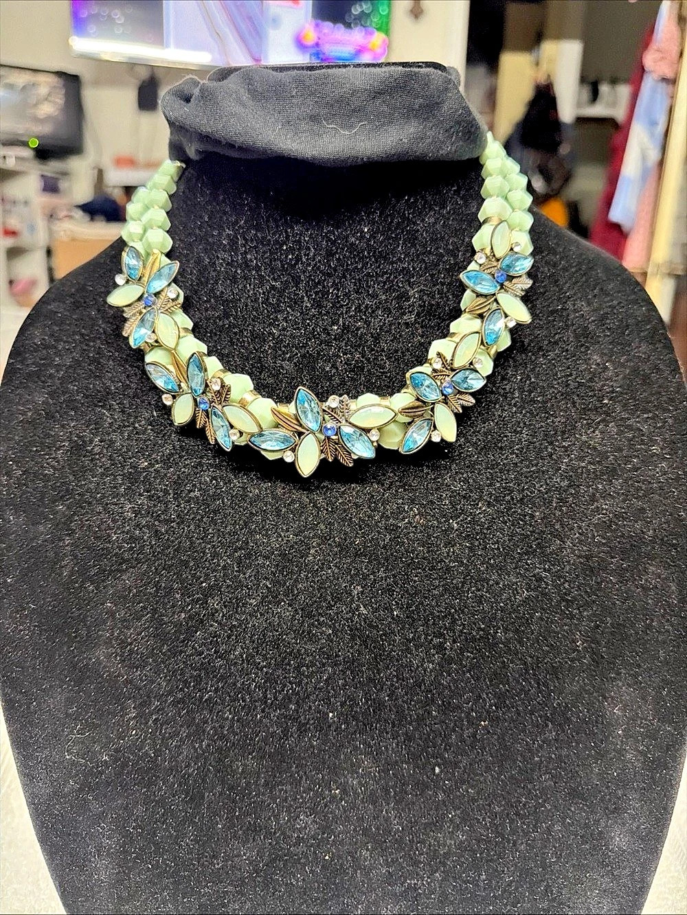 Floral Beaded Statement Necklace in Green & Blue Like New glows